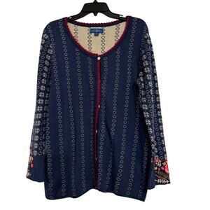 April Cornell Cotton Cardigan Sweater Small Embroidered Navy Tunic Cardigan